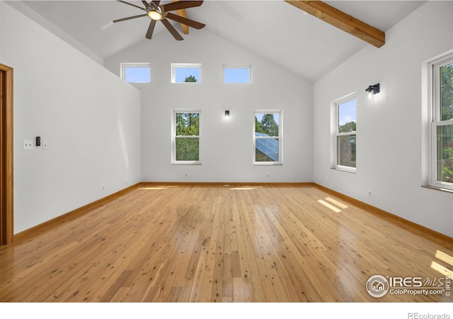 4223 Eldorado Springs Dr, Boulder, CO 80303 - spare room with light wood finished floors, ceiling fan, beamed ceiling, and high vaulted ceiling
