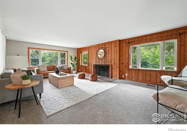 775 Pleasant St, Boulder, CO 80302 - living area featuring carpet floors, wood walls, and a fireplace with flush hearth