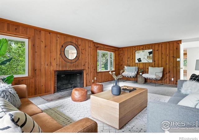 775 Pleasant St, Boulder, CO 80302 - living room with wooden walls, a fireplace, and light carpet