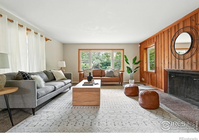775 Pleasant St, Boulder, CO 80302 - carpeted living area with wood walls and a fireplace