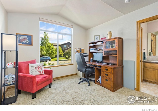 1613 Alpine Ave, Berthoud, CO 80513 - home office featuring carpet and lofted ceiling