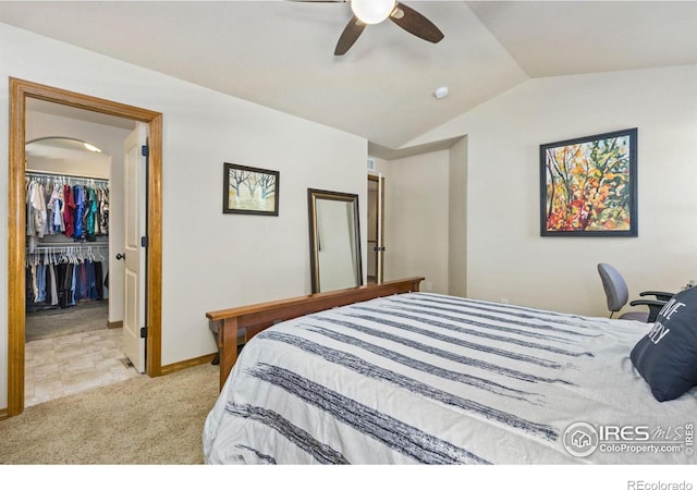 1613 Alpine Ave, Berthoud, CO 80513 - bedroom featuring vaulted ceiling, carpet floors, a spacious closet, a closet, and a ceiling fan