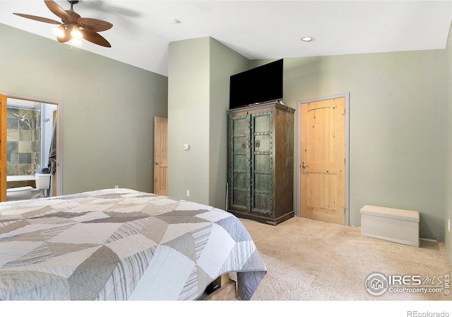 3727 Gamble Gulch Rd, Black Hawk, CO 80422 - bedroom featuring carpet floors, vaulted ceiling, recessed lighting, and a ceiling fan