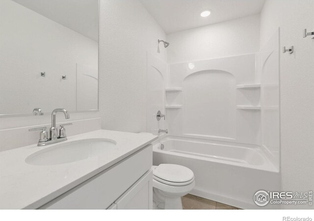 3178 Buffalo Grass Ln, Wellington, CO 80549 - full bathroom featuring vanity, shower / bathtub combination, tile patterned floors, and recessed lighting