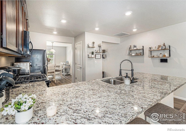 2065 Wildwood St, Lochbuie, CO 80603 - kitchen featuring black microwave, dark wood-style flooring, light stone countertops, a peninsula, and recessed lighting