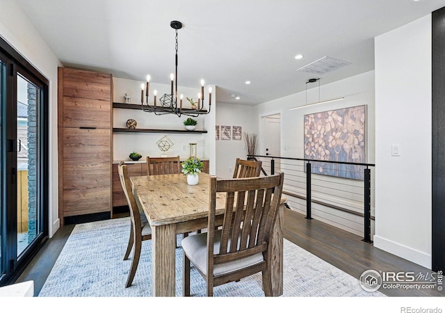 3275 19th St, Boulder, CO 80304 - dining space featuring dark wood-type flooring, a chandelier, and recessed lighting