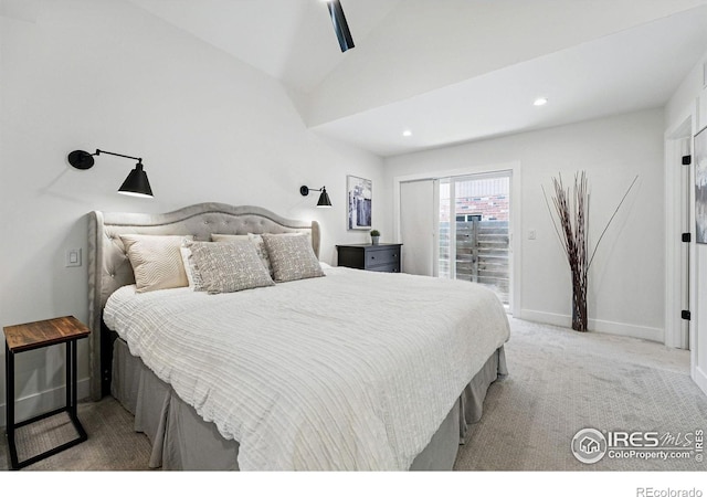 3275 19th St, Boulder, CO 80304 - carpeted bedroom featuring access to outside, recessed lighting, lofted ceiling, and ceiling fan