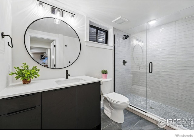 3275 19th St, Boulder, CO 80304 - full bathroom featuring vanity, a stall shower, tile patterned flooring, and a baseboard heating unit