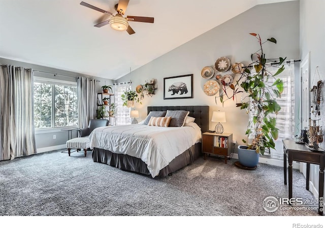 1405 Clover Creek Dr, Longmont, CO 80503 - carpeted bedroom featuring vaulted ceiling and ceiling fan