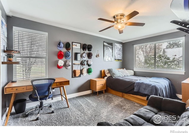 1405 Clover Creek Dr, Longmont, CO 80503 - bedroom featuring ornamental molding, carpet, and a ceiling fan