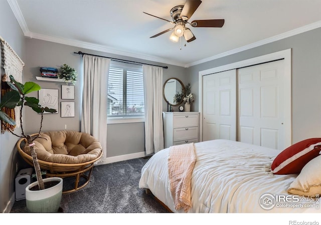 1405 Clover Creek Dr, Longmont, CO 80503 - carpeted bedroom with ornamental molding, a closet, and ceiling fan