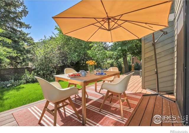 3470 16th St, Boulder, CO 80304 - wooden deck featuring outdoor dining space and a fenced backyard