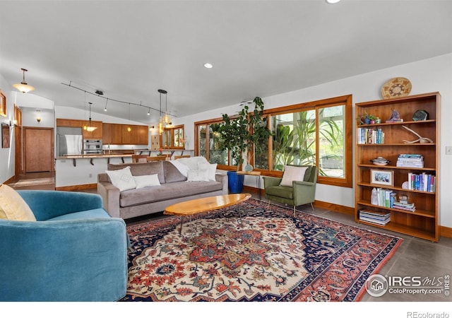 108 Lonestar Rd, Lyons, CO 80540 - living area featuring vaulted ceiling and recessed lighting