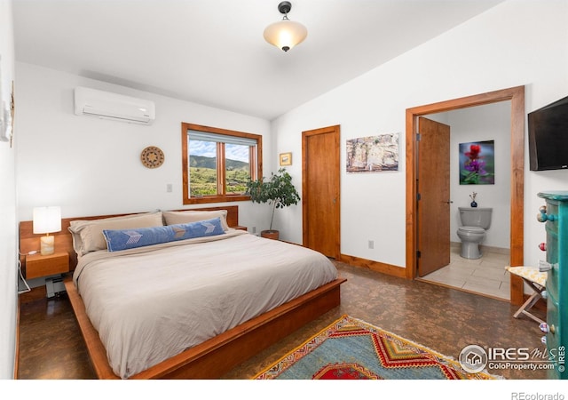 108 Lonestar Rd, Lyons, CO 80540 - bedroom featuring a wall unit AC, vaulted ceiling, ensuite bath, and a baseboard radiator