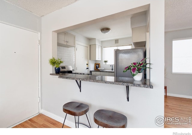 1100 Colorado Blvd Unit 305, Denver, CO 80206 - kitchen featuring appliances with stainless steel finishes, light wood finished floors, decorative backsplash, plenty of natural light, and a textured ceiling
