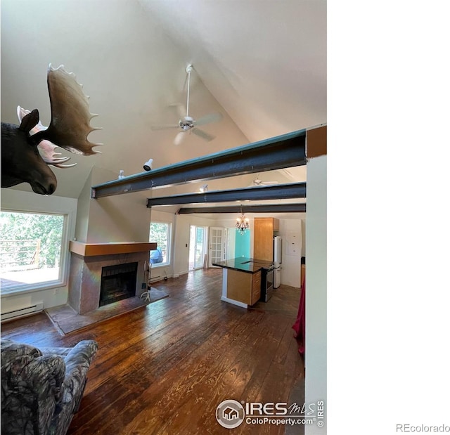 383 Evergreen Rd, Black Hawk, CO 80422 - unfurnished living room with lofted ceiling, wood finished floors, a fireplace, ceiling fan, and baseboard heating