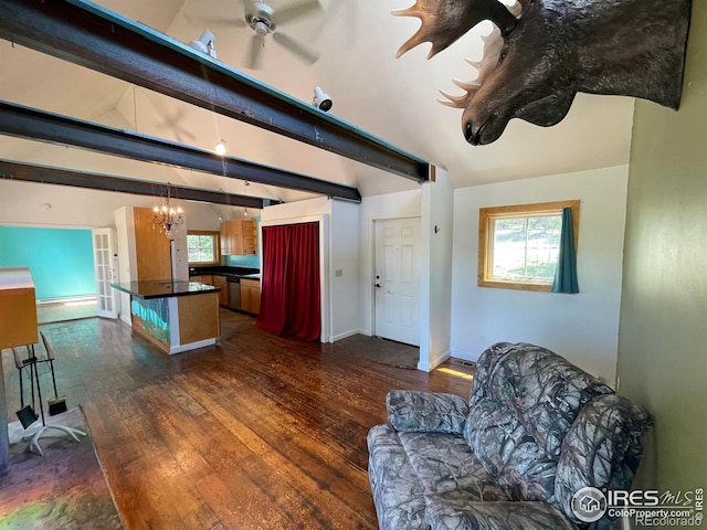 383 Evergreen Rd, Black Hawk, CO 80422 - living area with a chandelier, dark wood-style floors, and healthy amount of natural light