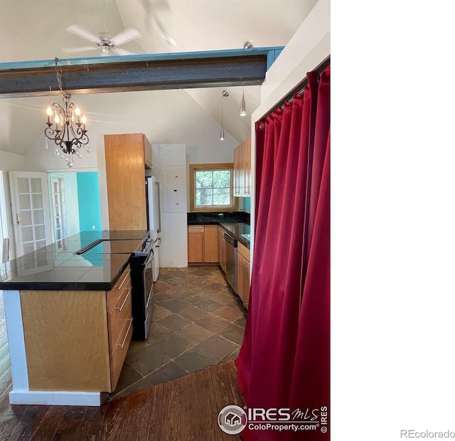 383 Evergreen Rd, Black Hawk, CO 80422 - kitchen with dishwasher, ceiling fan, a chandelier, tile counters, and dark stone finish flooring