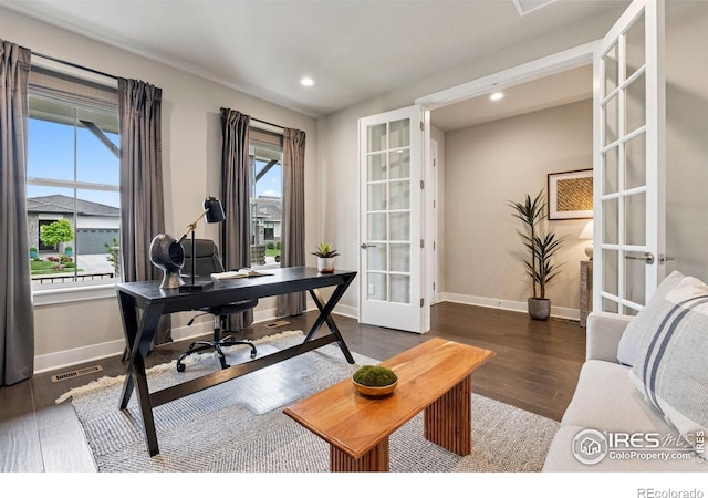 3315 Heron Lakes Pkwy, Berthoud, CO 80513 - home office with french doors, wood finished floors, and recessed lighting