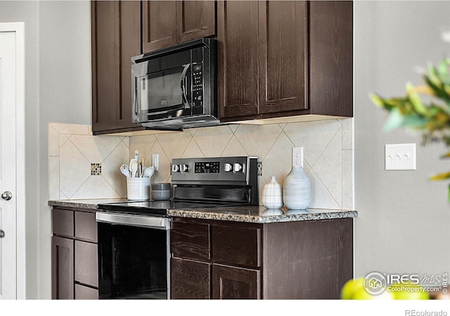 1384 S Growers Dr, Milliken, CO 80543 - kitchen featuring electric stove, black microwave, dark brown cabinets, and tasteful backsplash