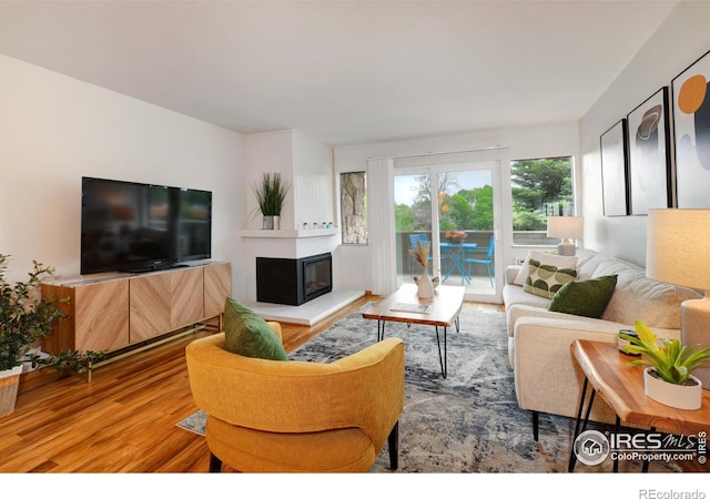 3240 Iris Ave Unit 201, Boulder, CO 80301 - living area featuring wood finished floors and a glass covered fireplace
