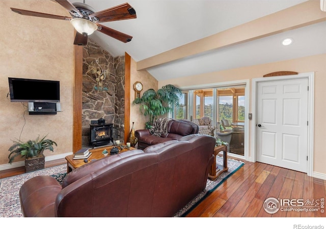 6183 Red Hill Rd, Boulder, CO 80302 - living area with hardwood / wood-style flooring, vaulted ceiling, a ceiling fan, and recessed lighting
