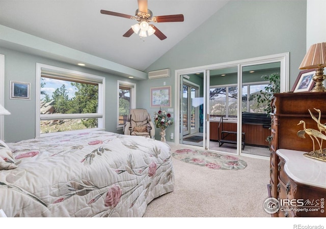 6183 Red Hill Rd, Boulder, CO 80302 - carpeted bedroom with a wall mounted air conditioner, access to exterior, high vaulted ceiling, and ceiling fan
