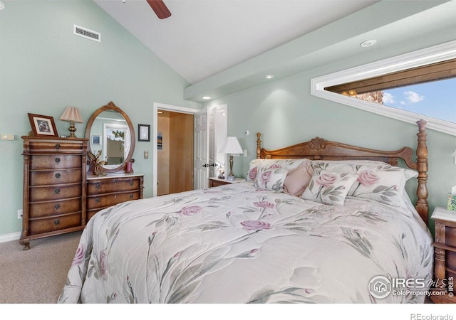 6183 Red Hill Rd, Boulder, CO 80302 - carpeted bedroom with vaulted ceiling, recessed lighting, and ceiling fan