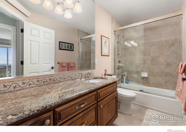 6183 Red Hill Rd, Boulder, CO 80302 - full bathroom with vanity, enclosed tub / shower combo, a chandelier, and tile patterned flooring