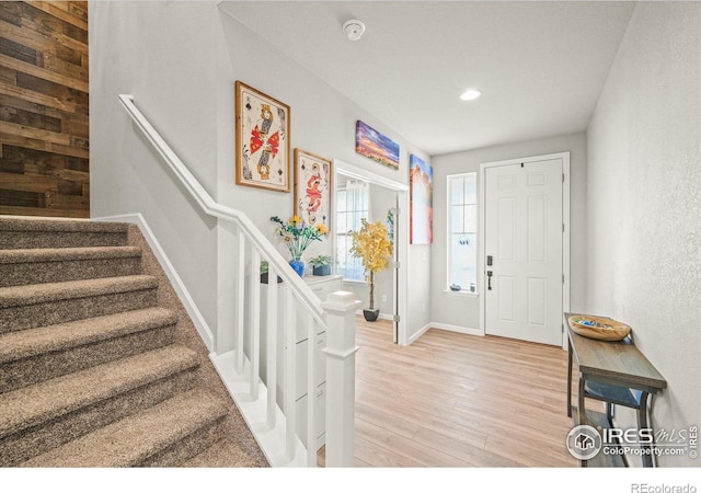 437 Buckskin Rd, Berthoud, CO 80513 - foyer featuring light wood finished floors, stairs, and recessed lighting