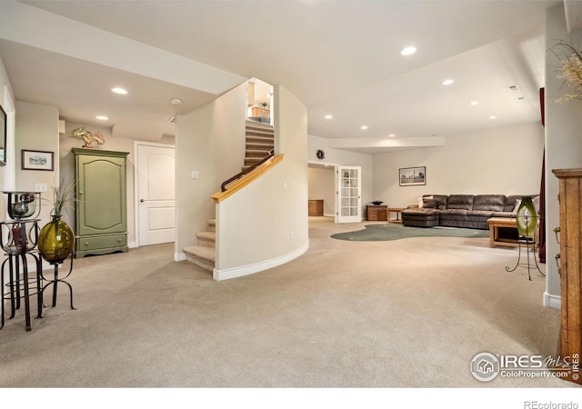 4926 Saint Andrews Ct, Loveland, CO 80537 - carpeted living area featuring recessed lighting and stairway