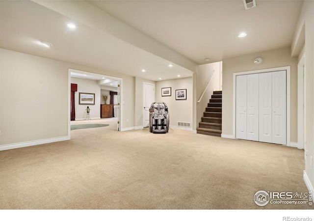 4926 Saint Andrews Ct, Loveland, CO 80537 - basement with carpet, stairs, and recessed lighting