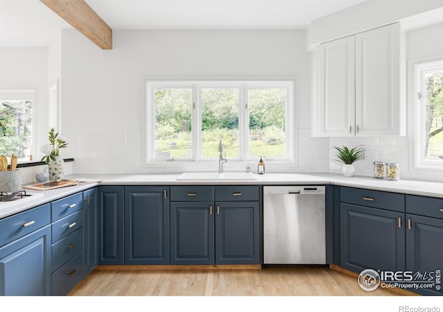 3421 4th St, Boulder, CO 80304 - kitchen with stainless steel dishwasher, tasteful backsplash, light wood-style floors, blue cabinetry, and beamed ceiling