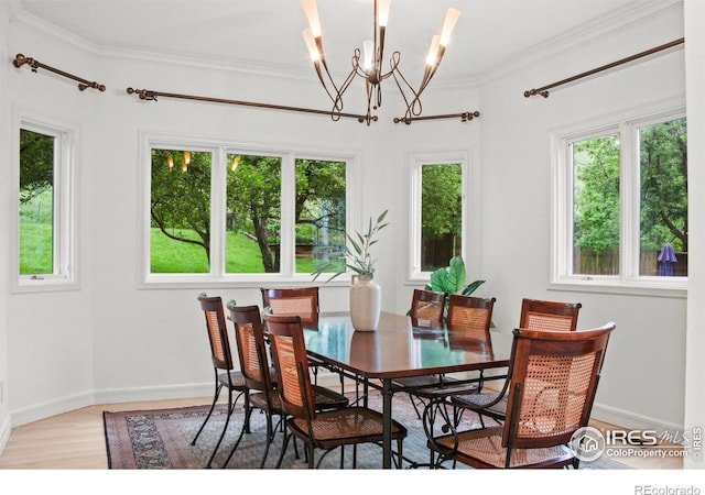 3421 4th St, Boulder, CO 80304 - dining space with ornamental molding, light wood finished floors, and a chandelier