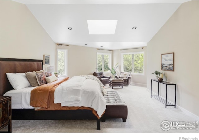 3421 4th St, Boulder, CO 80304 - bedroom featuring a skylight, light colored carpet, multiple windows, and lofted ceiling