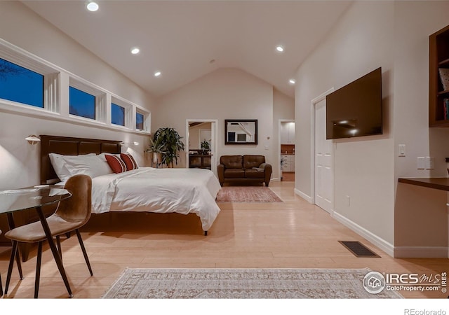3421 4th St, Boulder, CO 80304 - bedroom with light wood-style floors, recessed lighting, and high vaulted ceiling