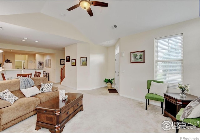 2421 Santa Fe Dr Unit B, Longmont, CO 80504 - carpeted living room featuring vaulted ceiling, a ceiling fan, and recessed lighting