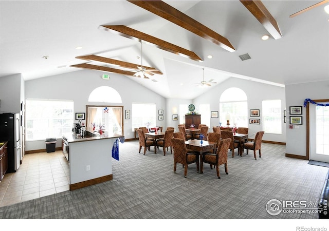 2421 Santa Fe Dr Unit B, Longmont, CO 80504 - dining space with light carpet, a ceiling fan, and recessed lighting