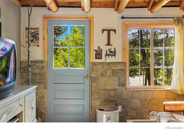 11614 Peak To Peak Hwy, Allenspark, CO 80510 - doorway to outside featuring a wood ceiling with exposed beams