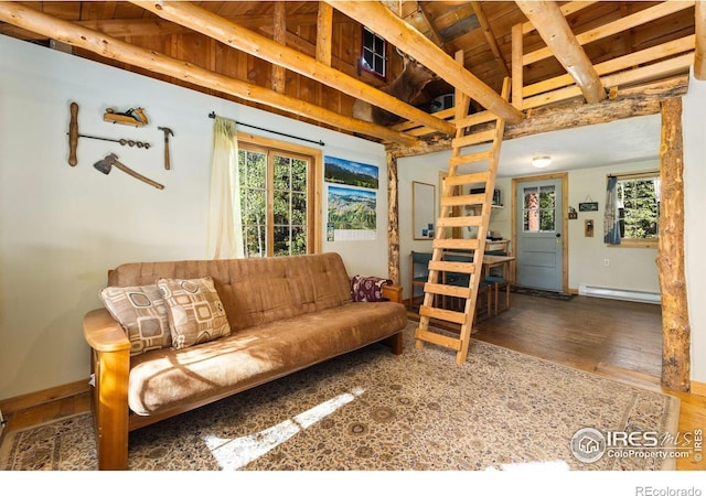 11614 Peak To Peak Hwy, Allenspark, CO 80510 - living room featuring baseboard heating, wood finished floors, and a wood ceiling with exposed beams