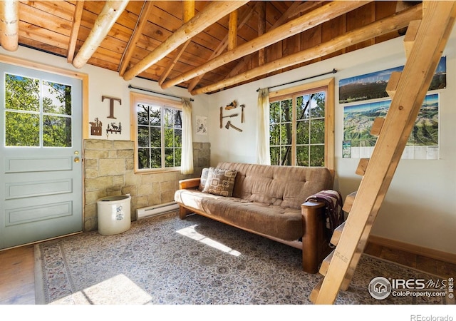 11614 Peak To Peak Hwy, Allenspark, CO 80510 - living area featuring wood ceiling and a baseboard heating unit
