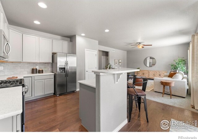 5612 Osbourne Dr, Windsor, CO 80550 - kitchen featuring stainless steel appliances, light countertops, a ceiling fan, dark wood finished floors, and recessed lighting