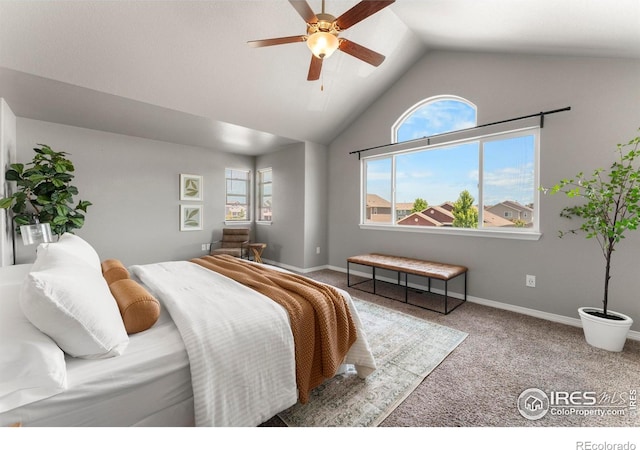 5612 Osbourne Dr, Windsor, CO 80550 - bedroom featuring carpet flooring, lofted ceiling, and ceiling fan