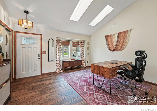 3593 S Gibralter Cir, Aurora, CO 80013 - office space with wood finished floors, a skylight, vaulted ceiling, and a chandelier