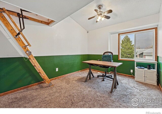 3593 S Gibralter Cir, Aurora, CO 80013 - carpeted home office with a ceiling fan and vaulted ceiling