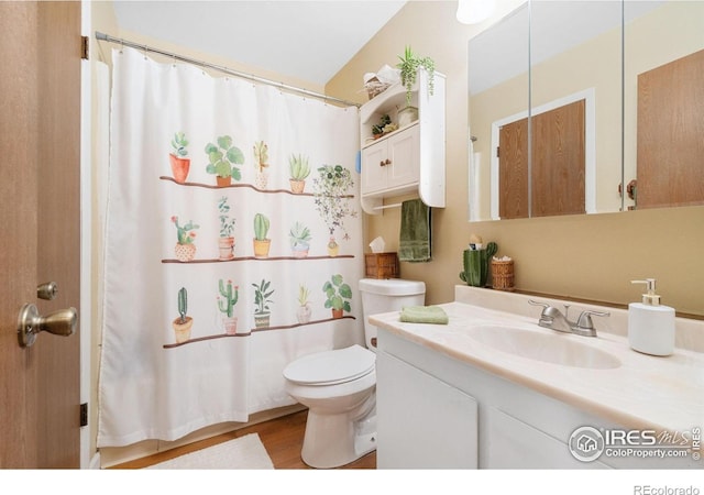 3920 Windom St, Fort Collins, CO 80526 - bathroom featuring vanity, wood finished floors, and a shower with curtain