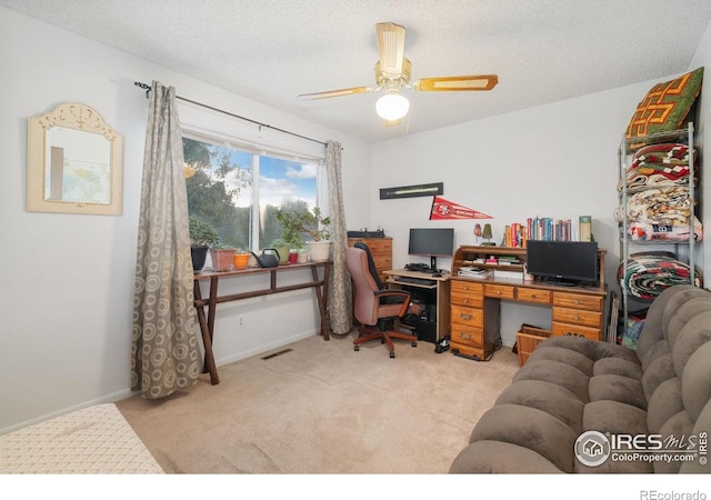 3920 Windom St, Fort Collins, CO 80526 - office area featuring light colored carpet, ceiling fan, and a textured ceiling