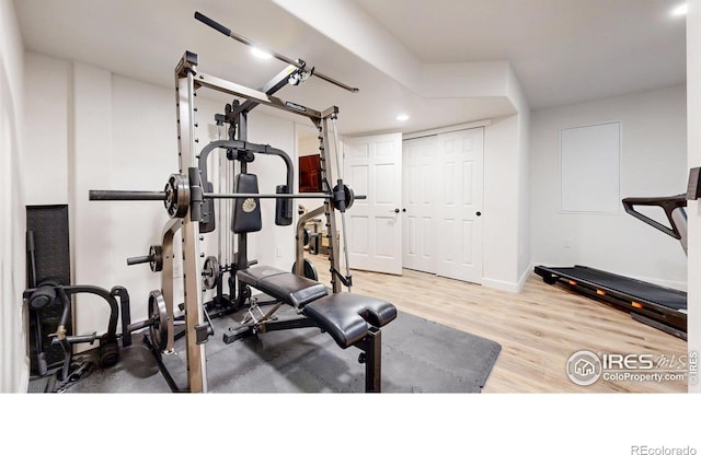 1403 Crestridge Dr, Loveland, CO 80537 - exercise area featuring wood finished floors and recessed lighting