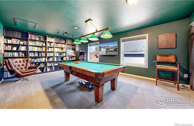 1403 Crestridge Dr, Loveland, CO 80537 - recreation room featuring carpet floors, a textured ceiling, billiards table, rail lighting, and attic access