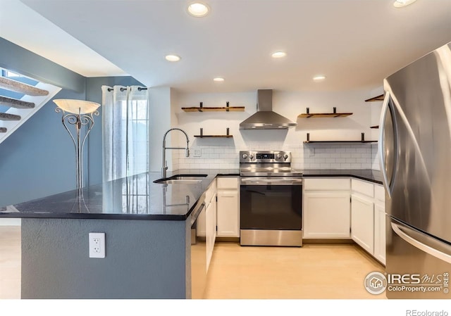 5918 Gunbarrel Ave Unit B, Boulder, CO 80301 - kitchen featuring wall chimney exhaust hood, open shelves, appliances with stainless steel finishes, tasteful backsplash, and recessed lighting